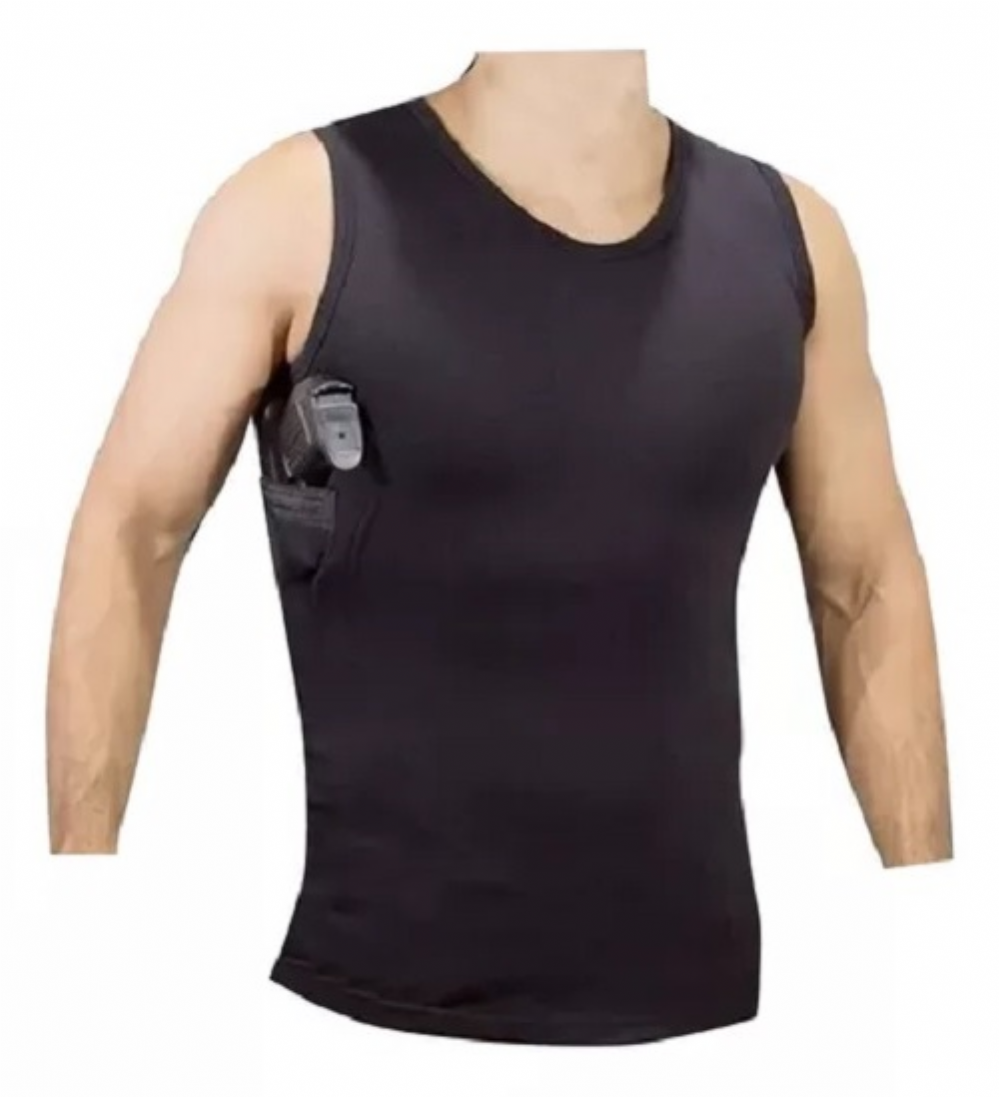 Regata Com Coldre / Porta Carregador Masculina Preta - Canhota