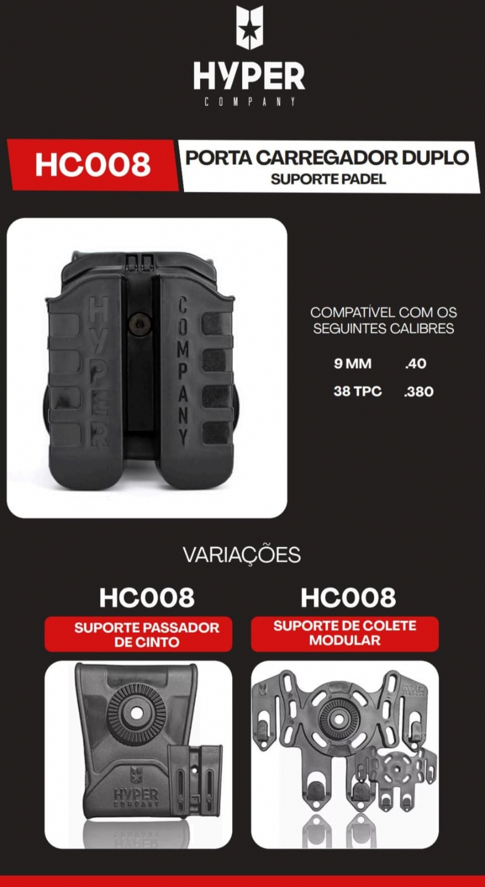 Porta Carregador Duplo - Pol�mero Hyper - Calibres Taurus 9mm / .40 / 38-TPC / 380 - Passador Cinto